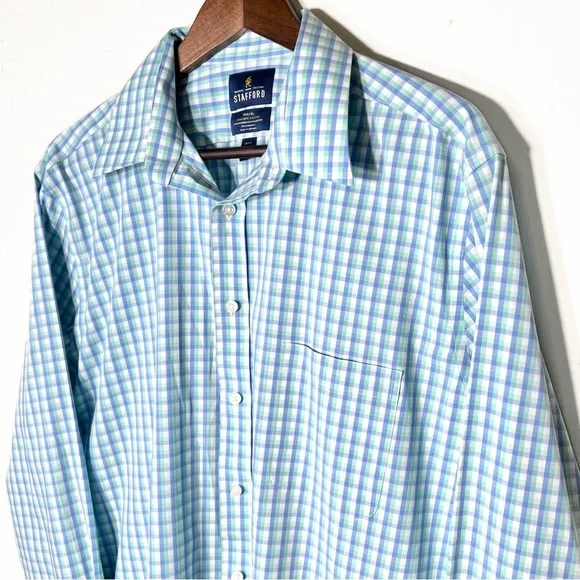 Stafford Mens Aqua Blue White Gingham Plaid Long Sleeve No Iron Buttondown Shirt - Picture 2 of 7